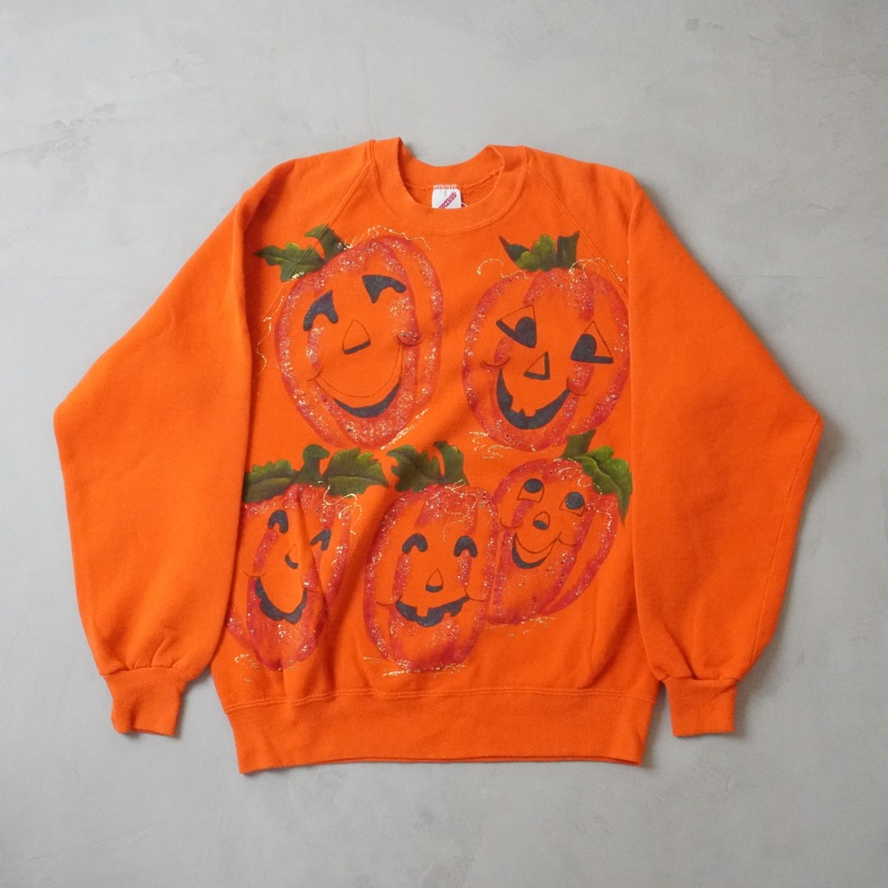 Vintage Halloween Pumpkin Sweatshirt Large 90s Orange Glitter USA